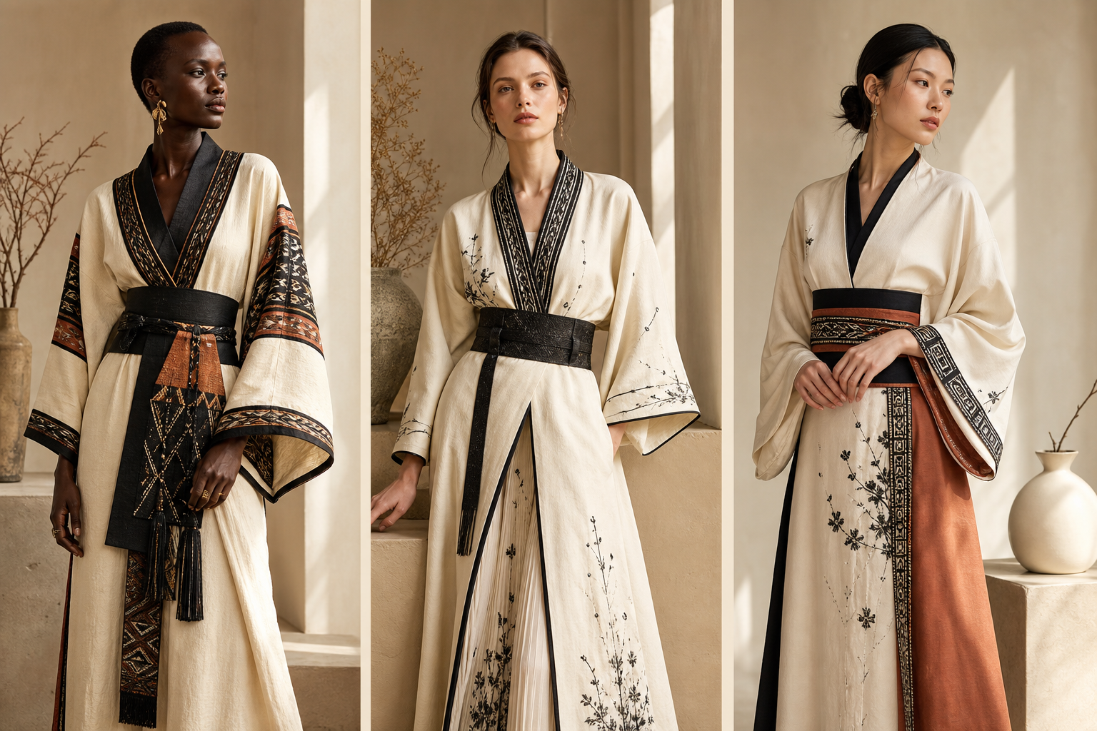 Three models wearing TMO Gallery looks in a warm editorial atelier